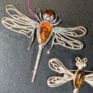 Sterling Silver Dragonfly Brooch Set with Baltic Amber